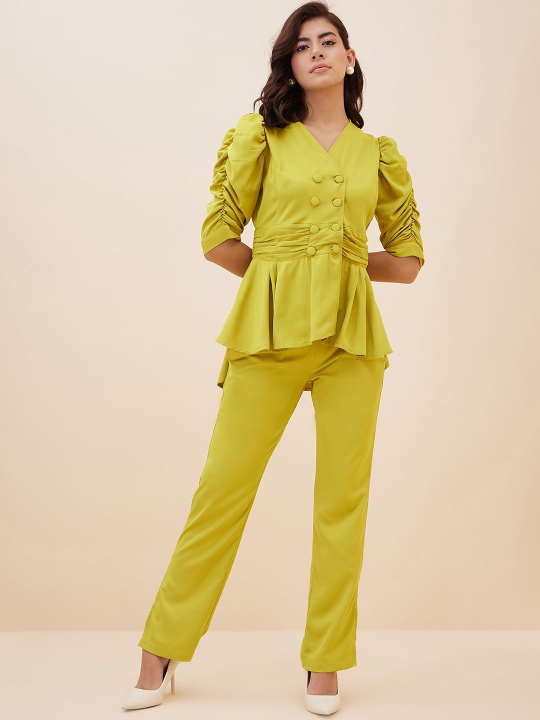 Buy Antheaa Ruched Peplum Top With Trousers -  - Apparel for Women