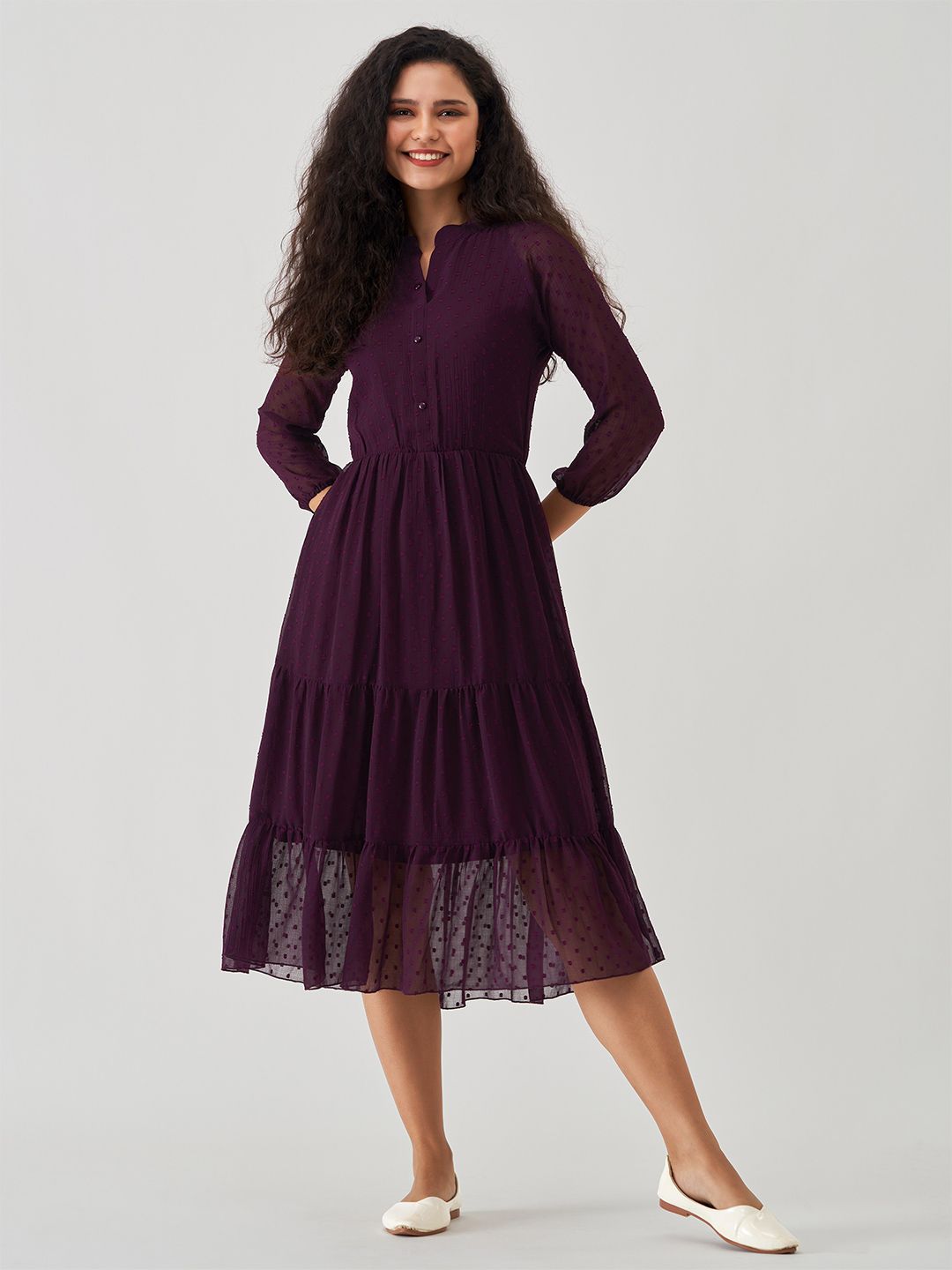 AASK Solid Wine Self Design Puff Sleeve Crepe Tie-Up Neck Fit & Flare Midi Dress