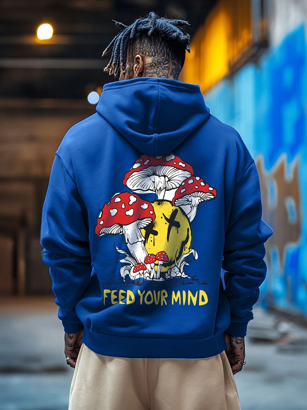 VEIRDO Men Blue Graphic Printed Cotton Fleece Regular Fit Hooded Pullover Sweatshirt