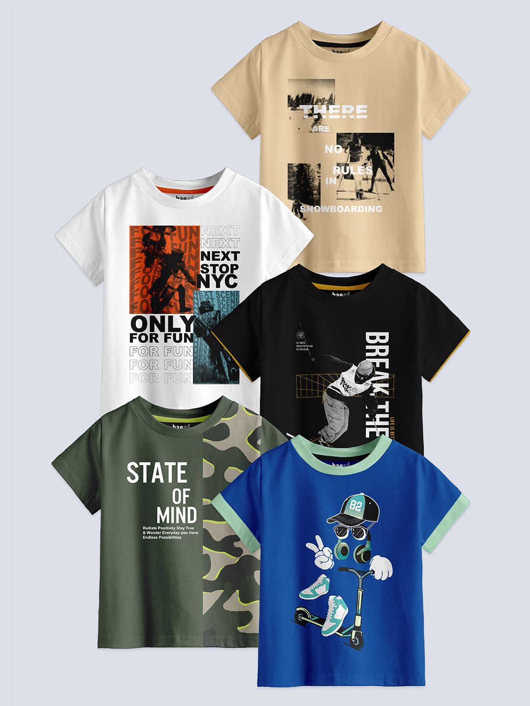 BAESD Boys Pack Of 5 Printed Pure Cotton T-shirt