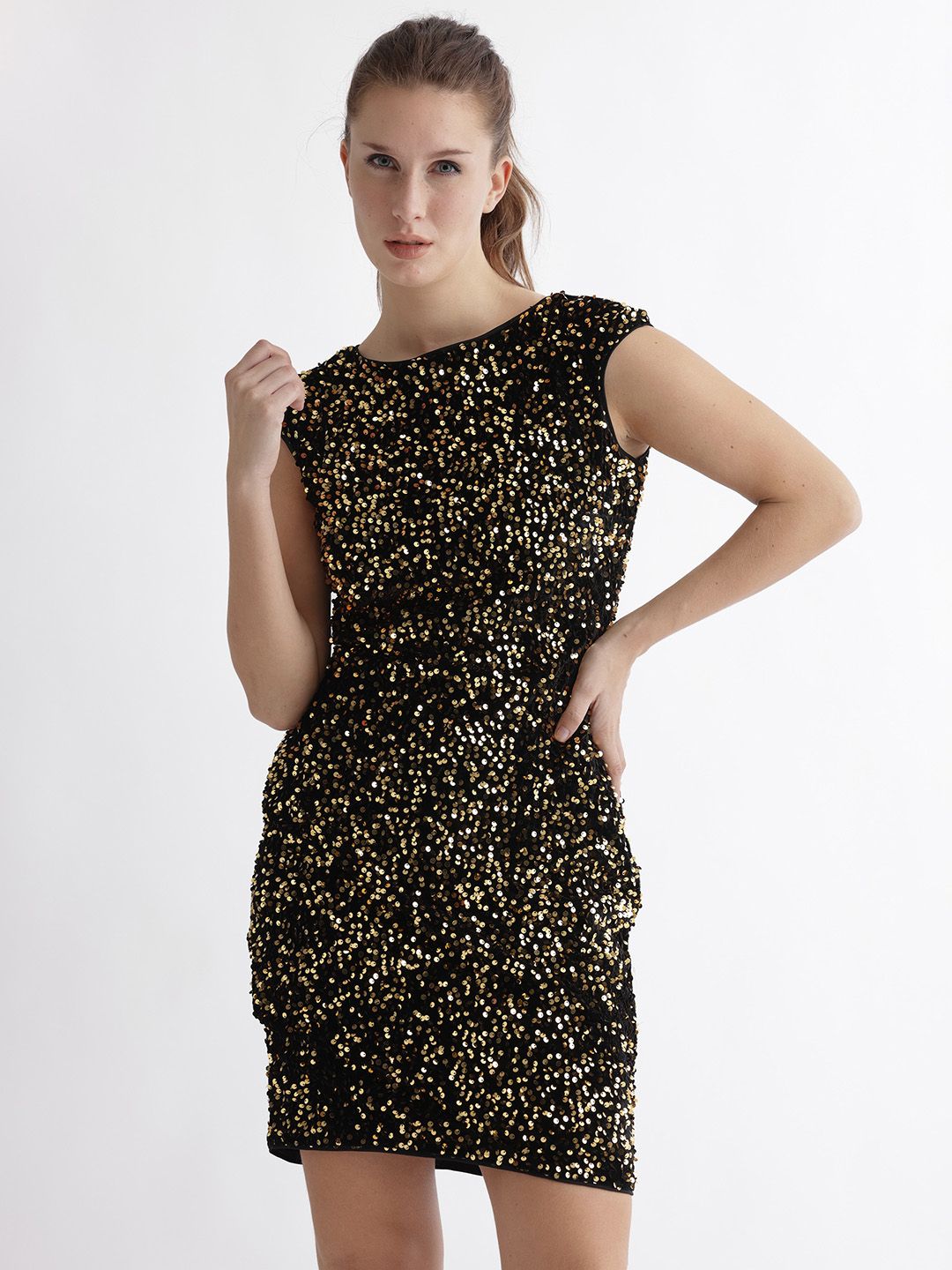RAREISM Women Gold Regular Fit Extended Sleeve Crew Neck Dress