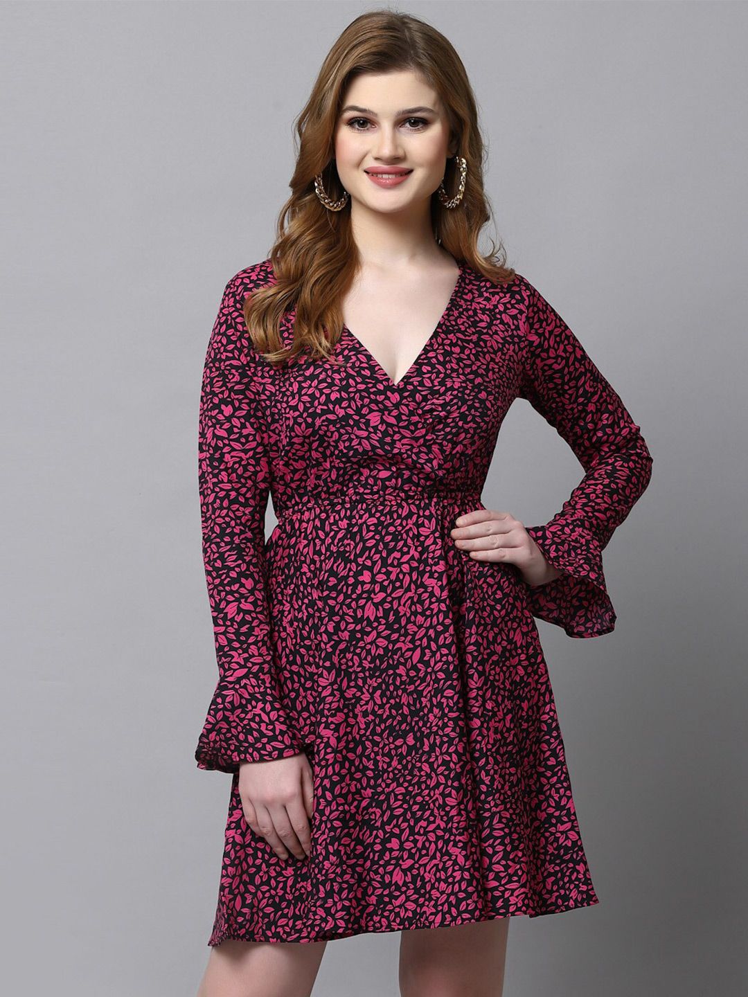 aayu Floral Printed V-Neck Bell Sleeves Gathered Fit & Flare Mini Dress