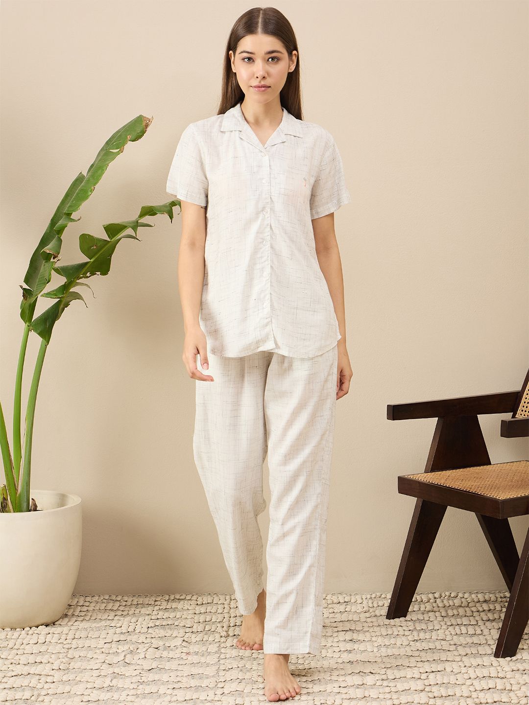 July Geometric Printed Lapel Collar Shirt With Pyjamas