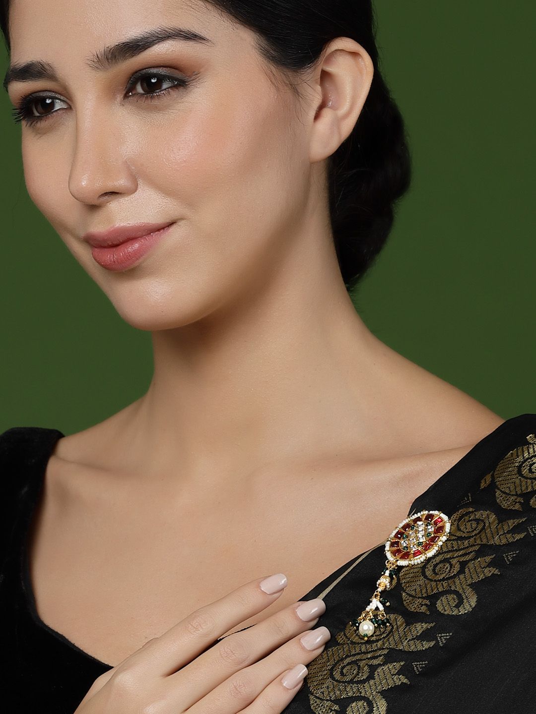 PANASH Gold-Plated Beaded Kundan Studded Brooch