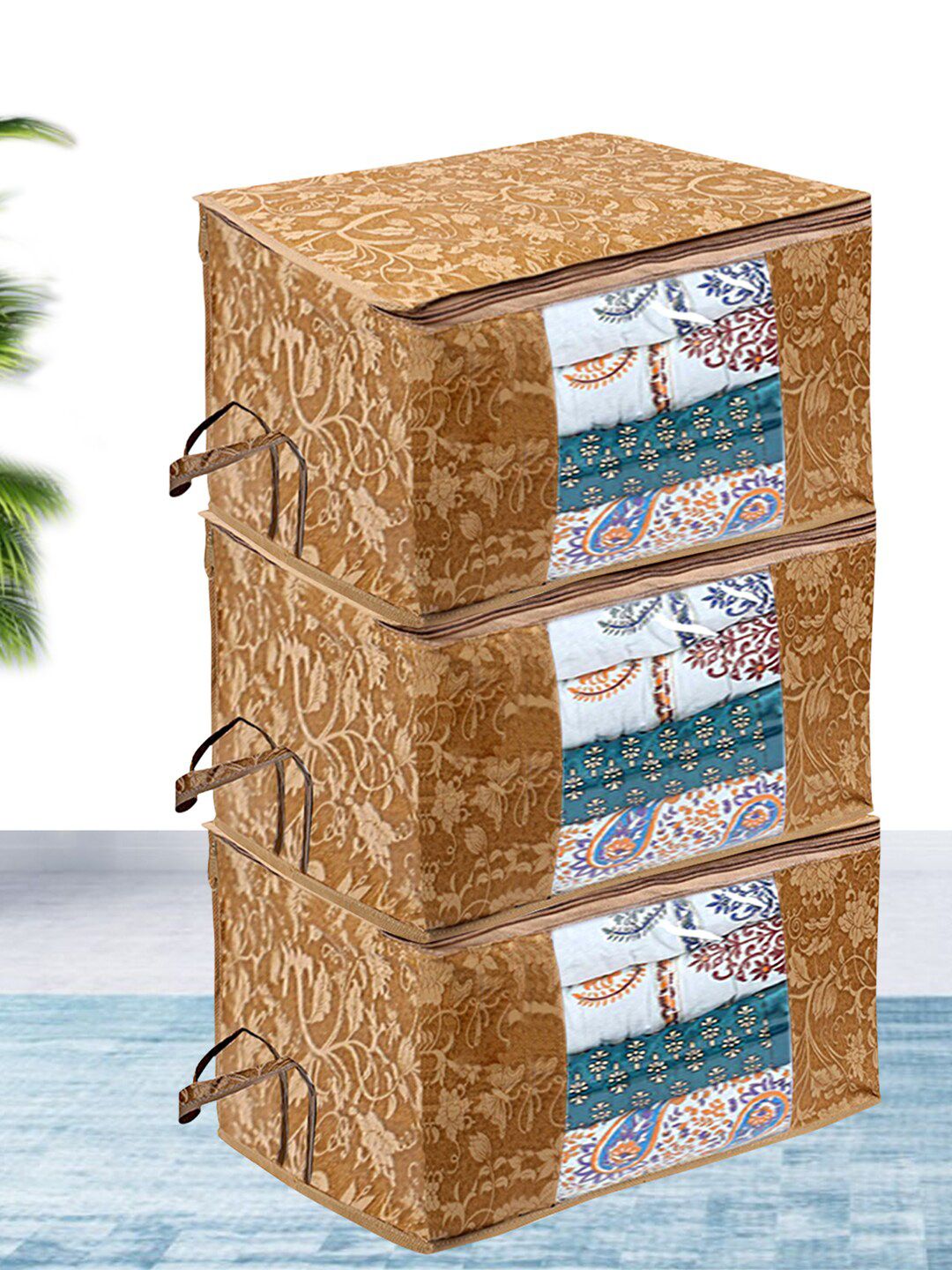 Kuber Industries 3 Pcs Beige Printed Multi Utility Organizer