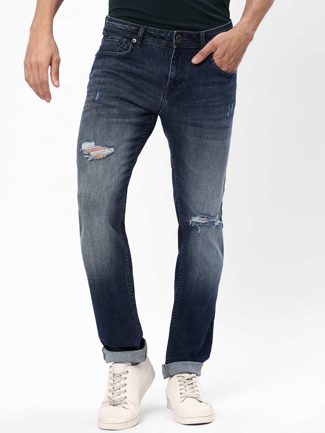 Buy R&B Men Blue Slim Fit Mildly Distressed Heavy Fade Cotton