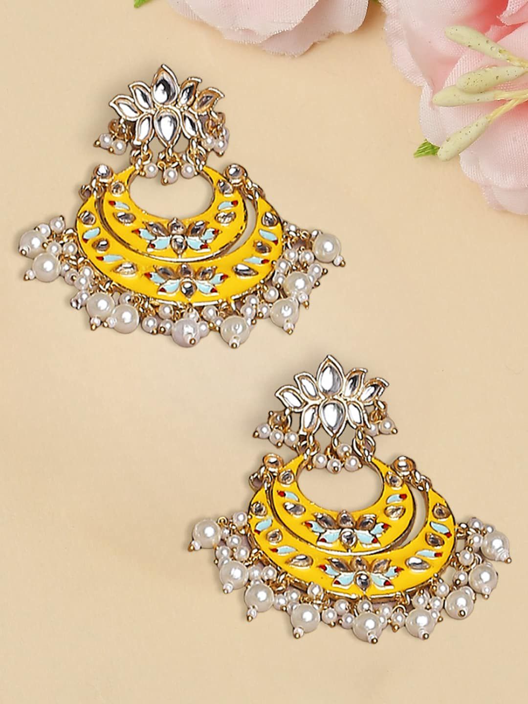 OOMPH Meenakari Kundan Studded & Beaded Lotus Chandbalis