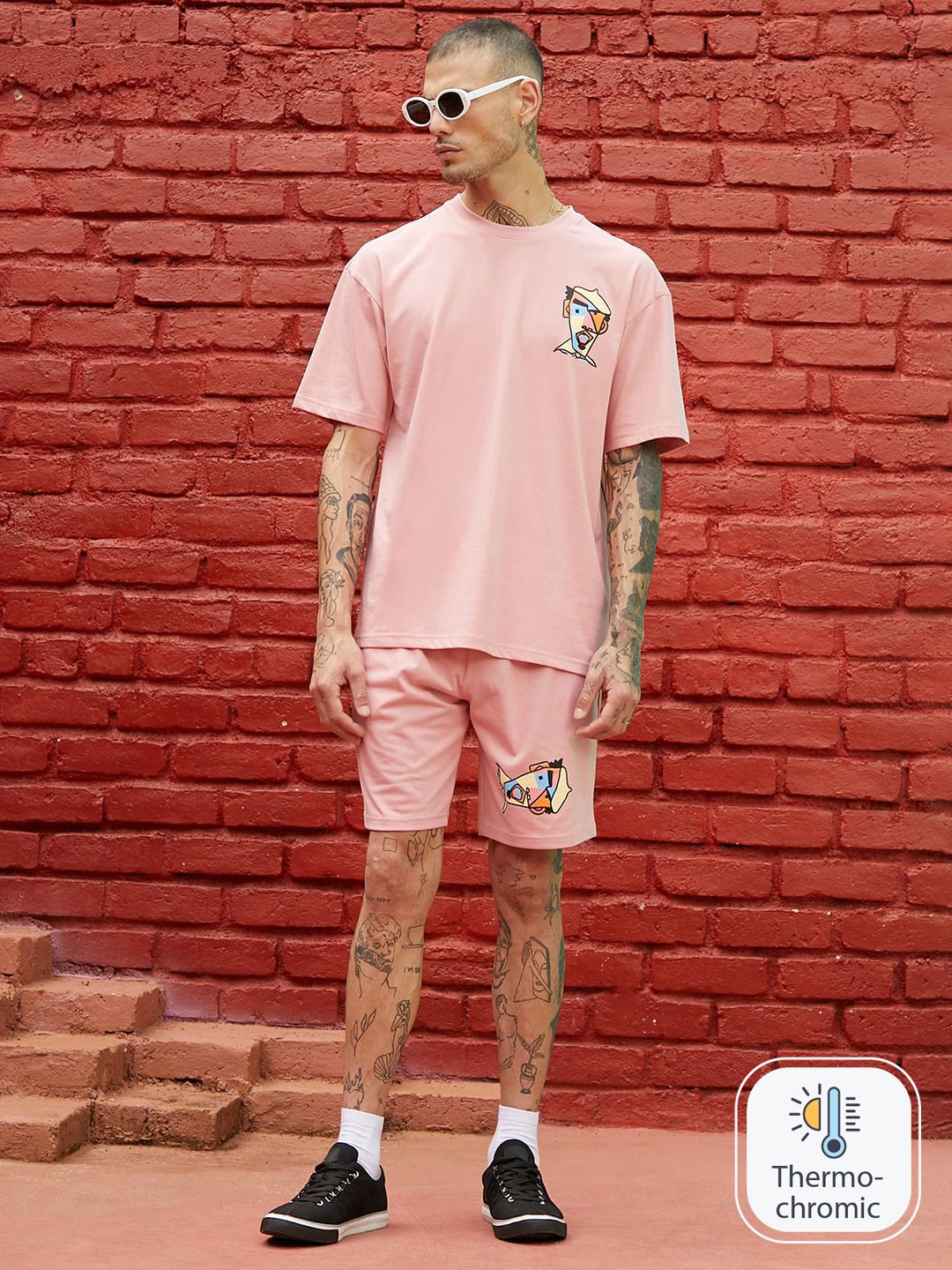 Buy CAHOOT Peach Printed T Shirt & Shorts Co Ords -  - Apparel for Men
