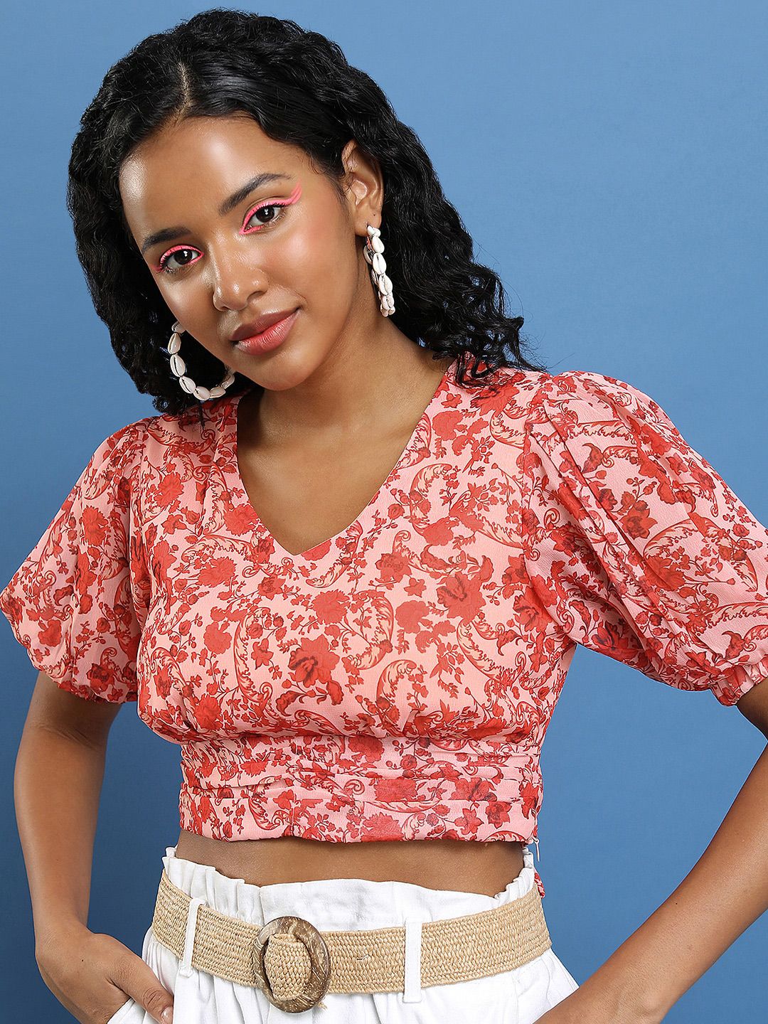 KETCH Red Floral Print V-Neck Puff Sleeves Tie Up Blouson Crop Top