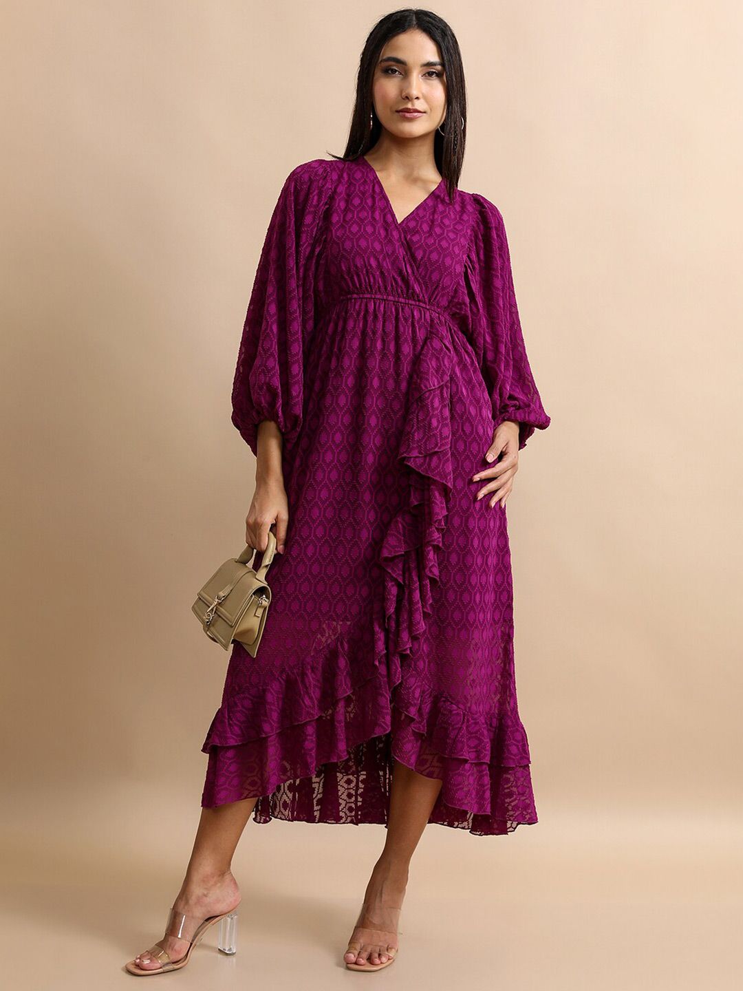 Tokyo Talkies Maroon Geometric Printed Puff Sleeves Gathered Wrap Midi Dress