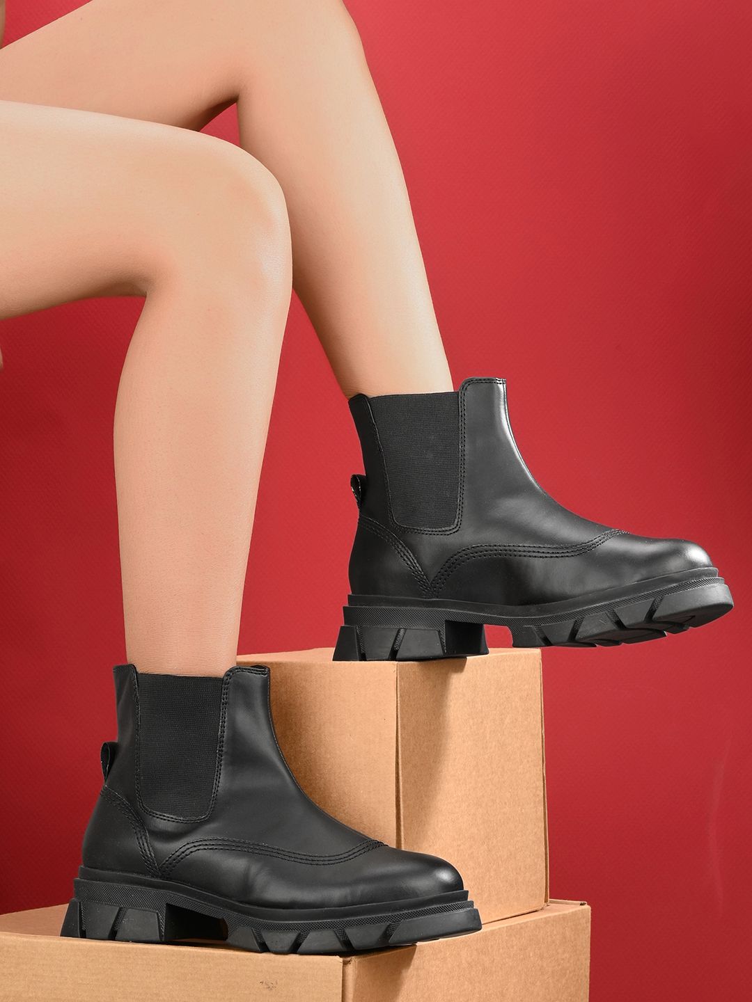 MISEEN Women Mid Top Classic Elasticated Platform Heel Chelsea Boots
