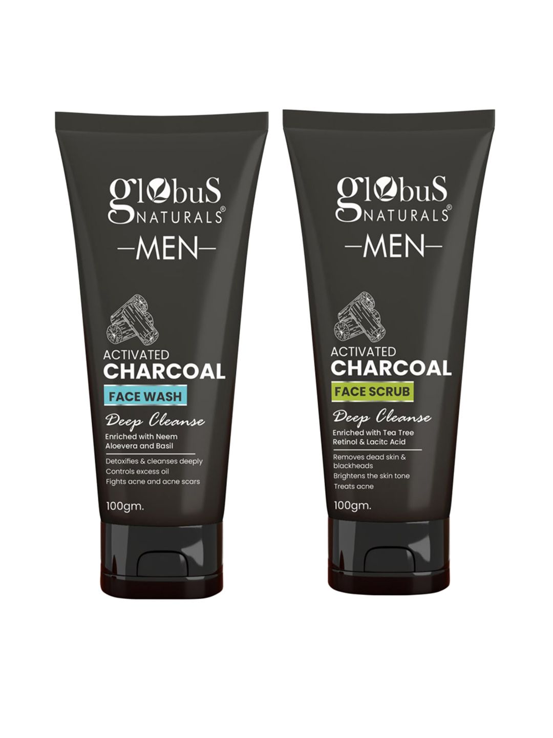 Globus naturals Men Charcoal Anti-Pollution Face Care Combo - Face Wash & Scrub- 100g Each