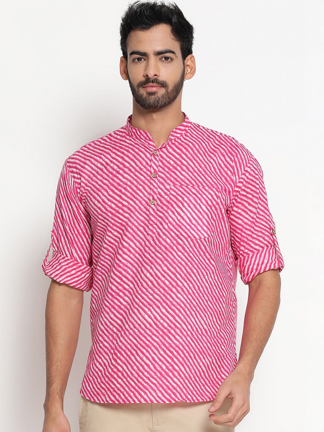 JAVINISHKA Leheriya Printed Mandarin Collar Roll-Up Sleeves Pure Cotton Kurta