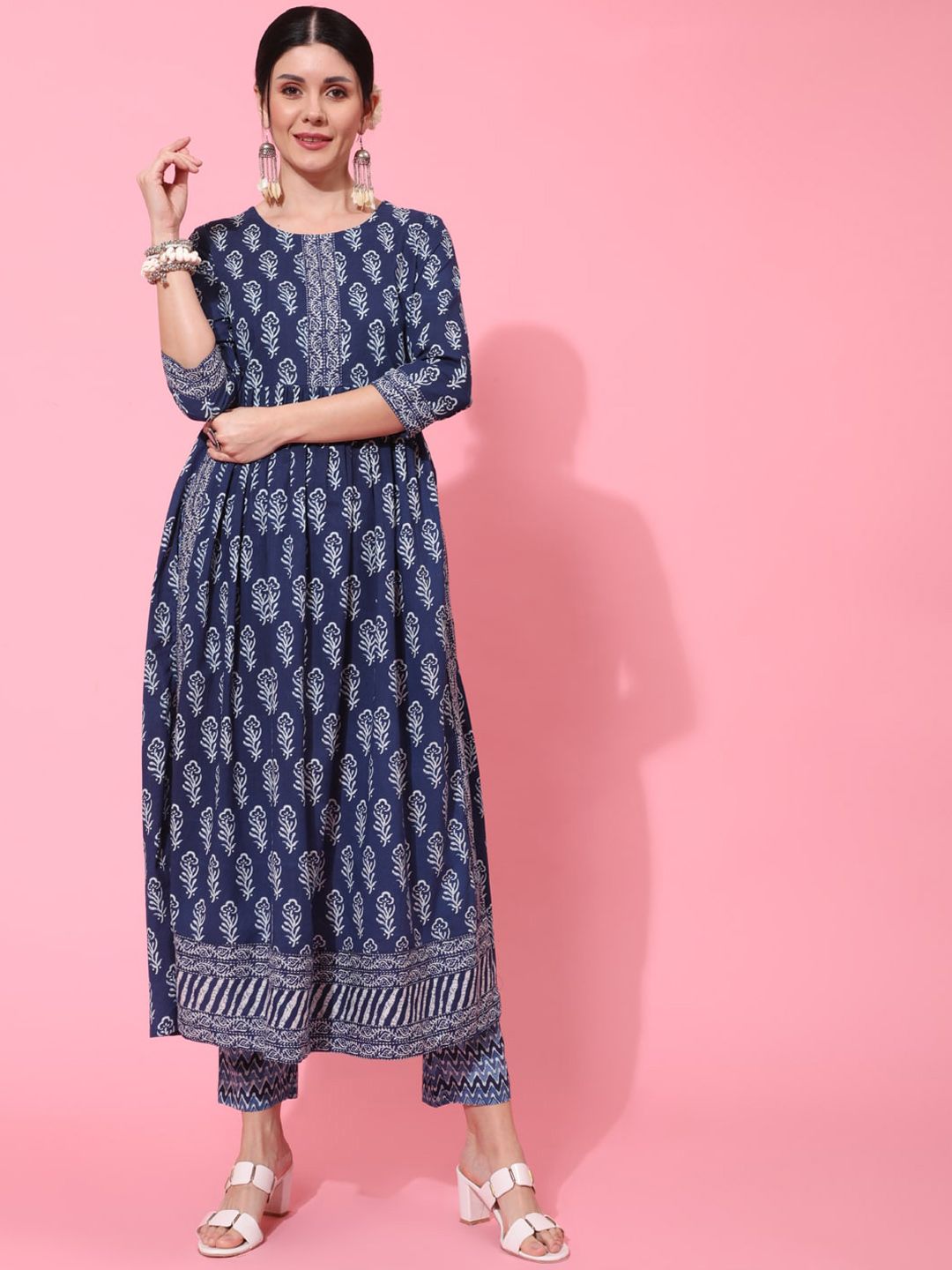 KIMAYRA Ethnic Motifs Printed Pure Cotton Anarkali Kurta with Palazzos & With Dupatta