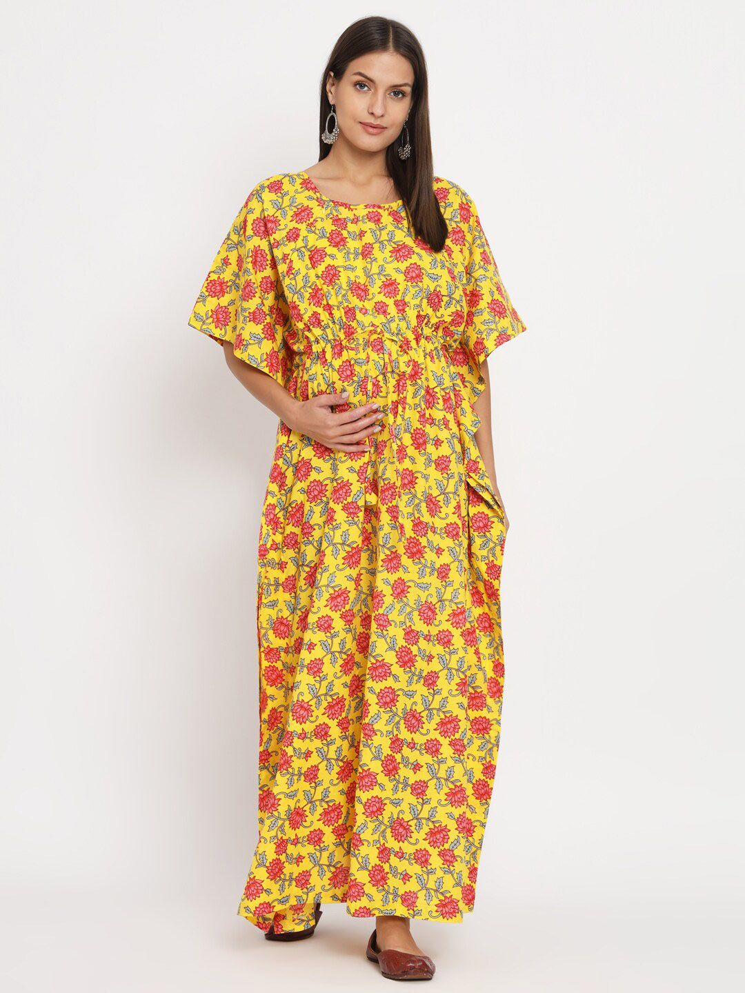 Aujjessa Floral Printed Flared Sleeves Tie-Ups Pure Cotton Kaftan Maternity Dress