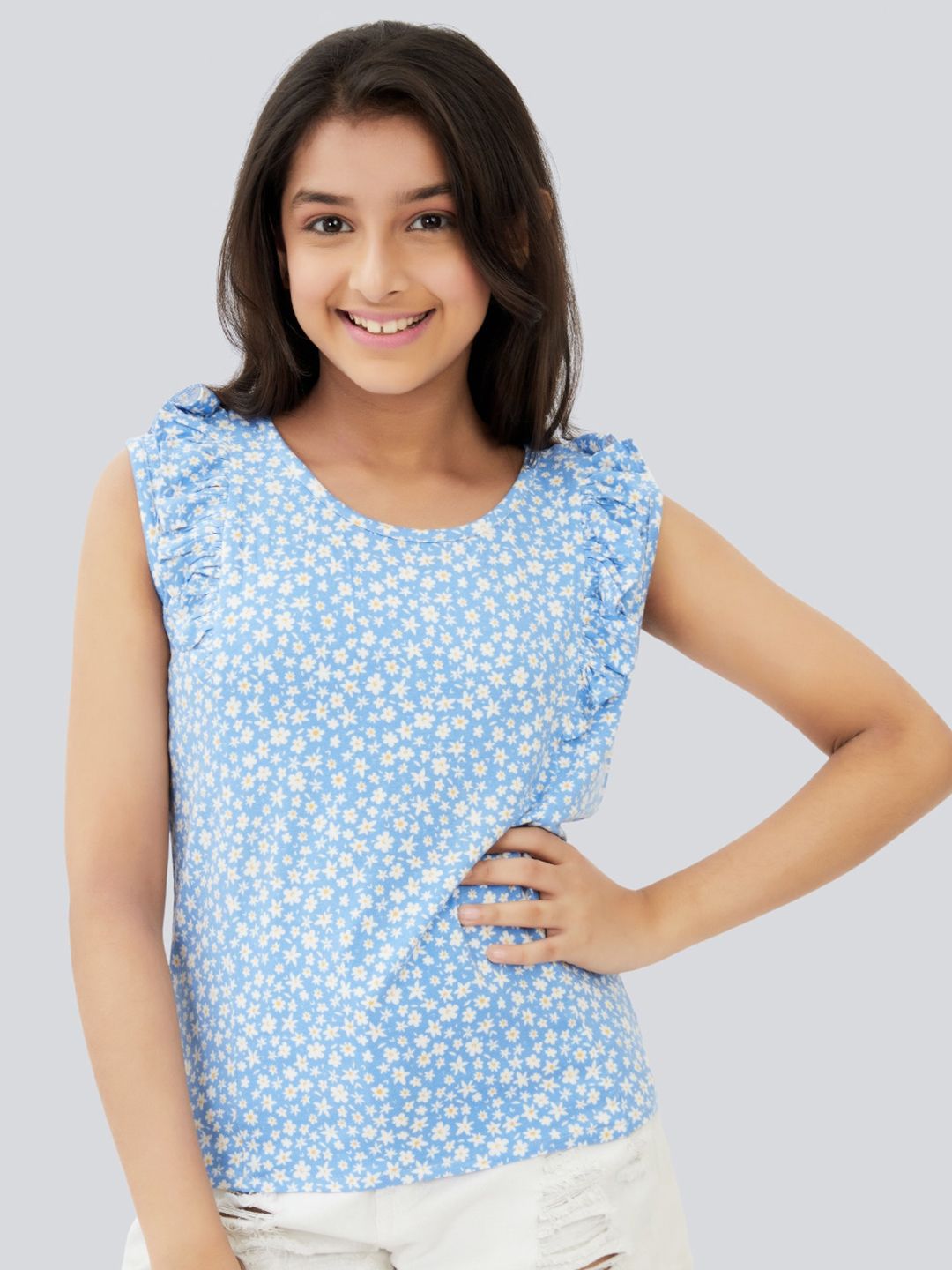 Olele Girls Floral Printed Regina Ruffles Cotton Top