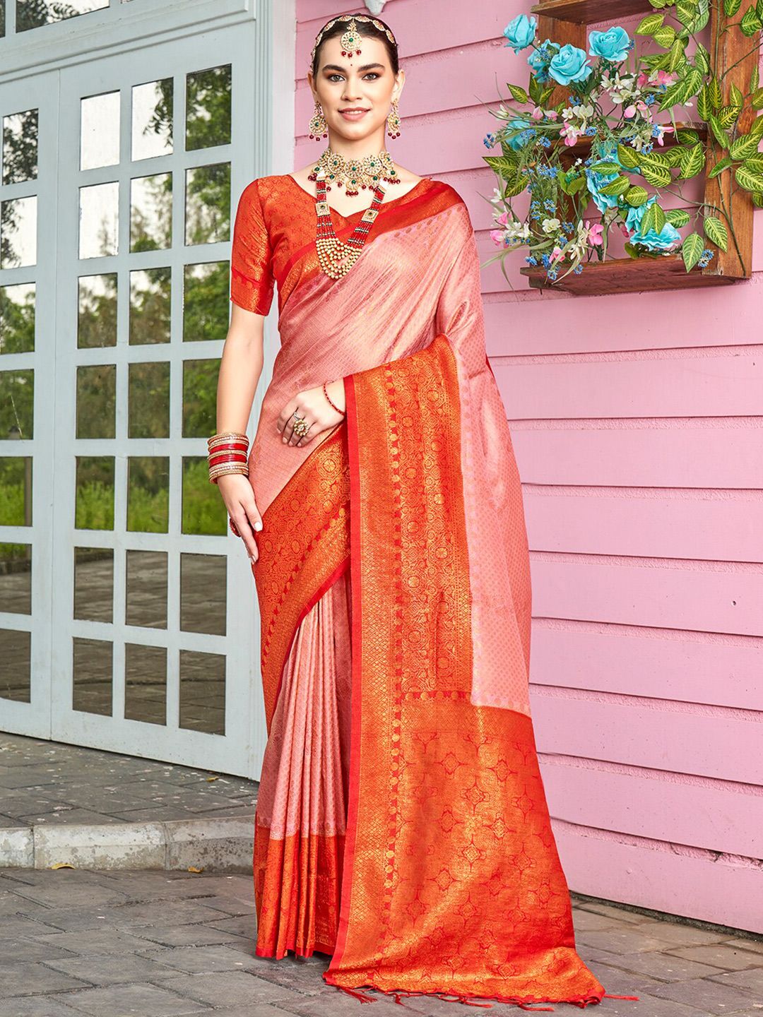 Anouk Rustic  Pink & Orange Ethnic Motifs Woven Design Zari Saree