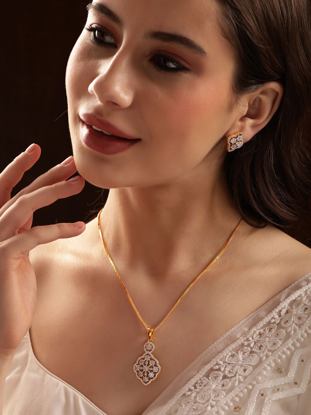 Buy Rubans 22K Gold Plated Cubic Zirconia Stone Studded Pendant Jewellery Set -  - Accessories for Women