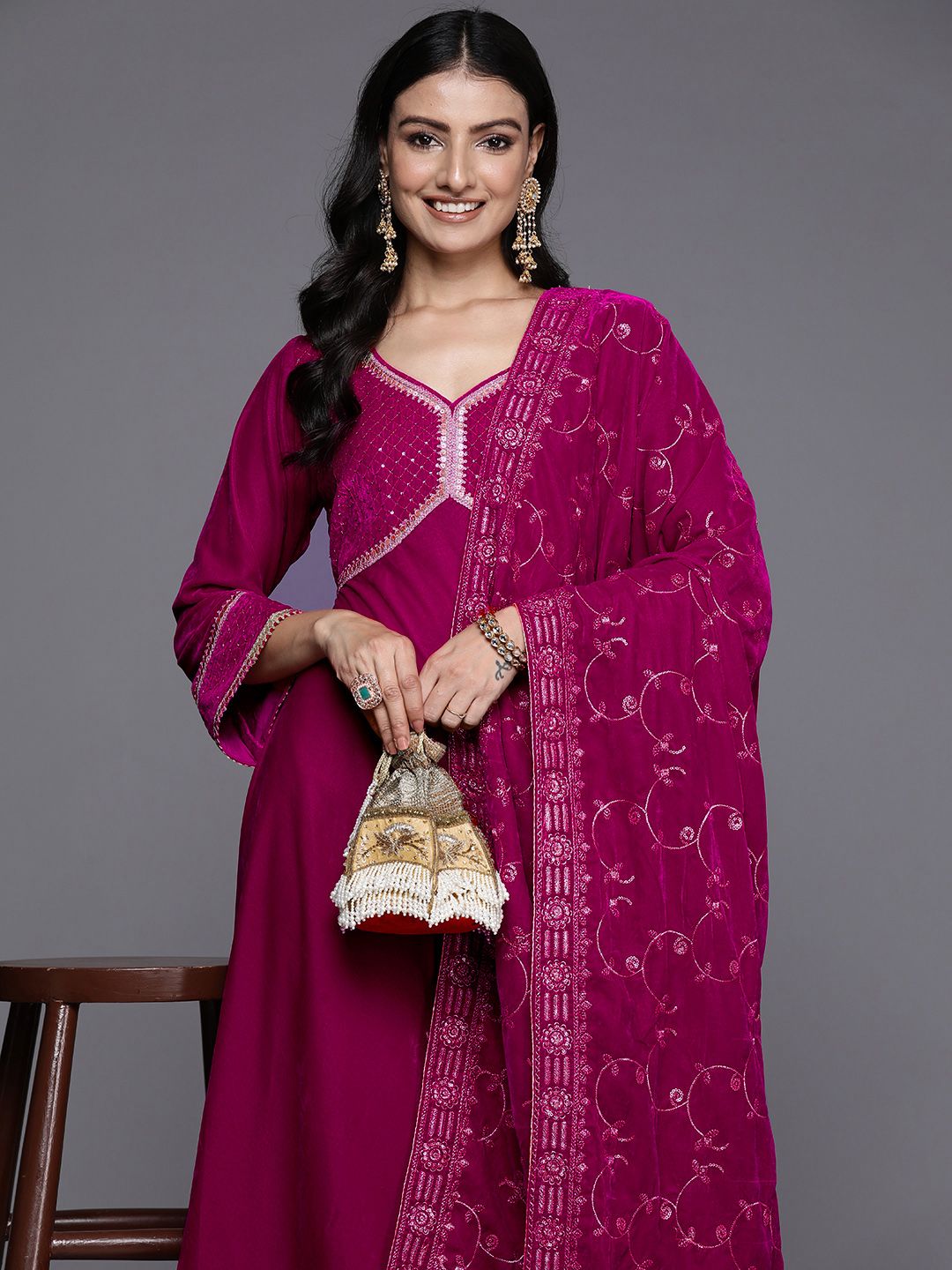 Libas Womens Pink Embroidered Velvet Anarkali Kurta With Trousers & Dupatta