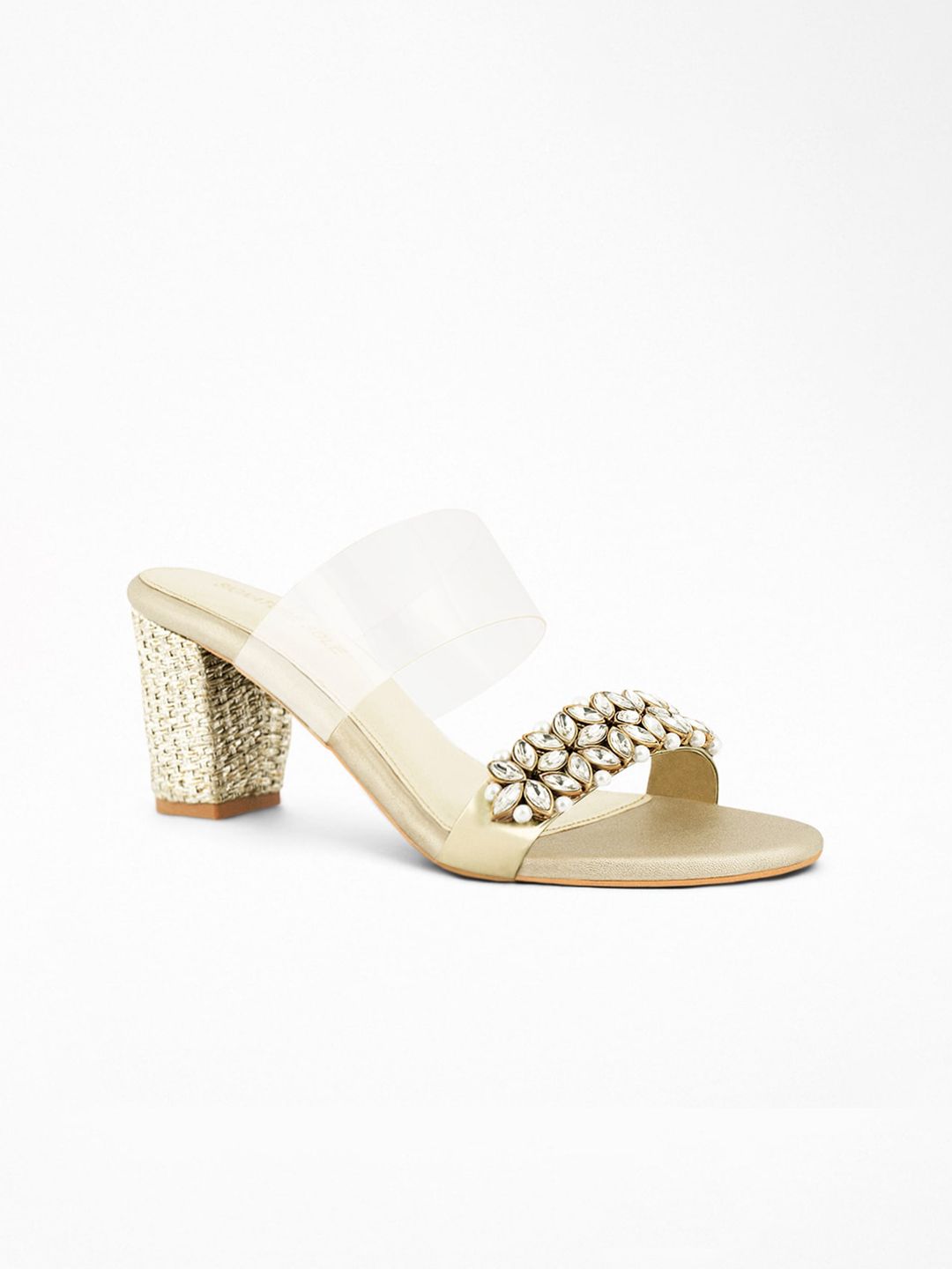 Signature Sole Gold Crystal Pearls Block Mule Heel