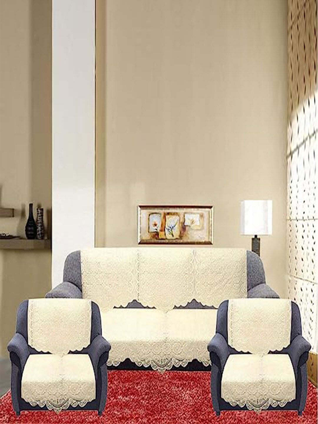 Kuber Industries Cream Chikankari Cotton 5 Seater Sofa Covers