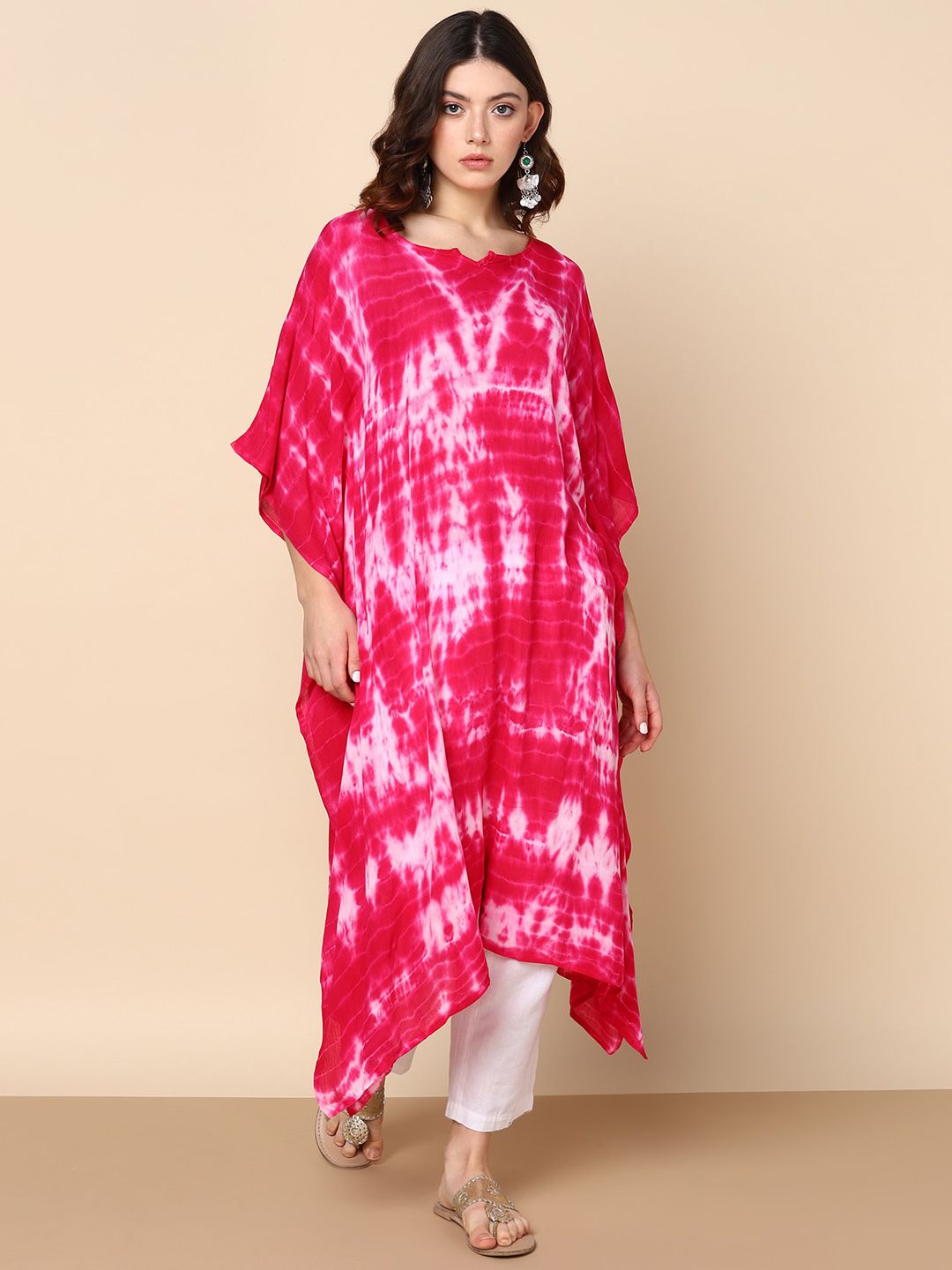 Maaesa Red Tie & Dye Kaftan Rayon Relaxed Fit Kurta