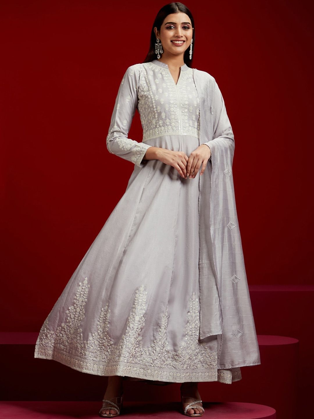 Libas Art Floral Embroidered Panelled Thread Work Kurta with Trousers & Dupatta