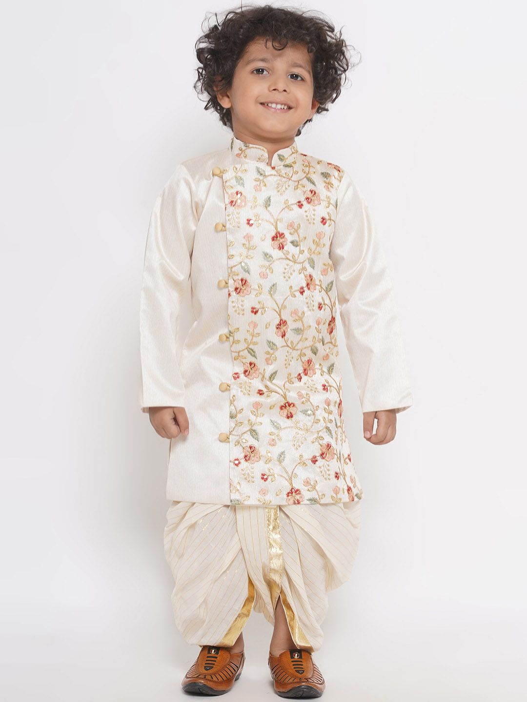Little Bansi Boys Floral Cream Embroidered Mandarin Collar Silk Sherwani Set
