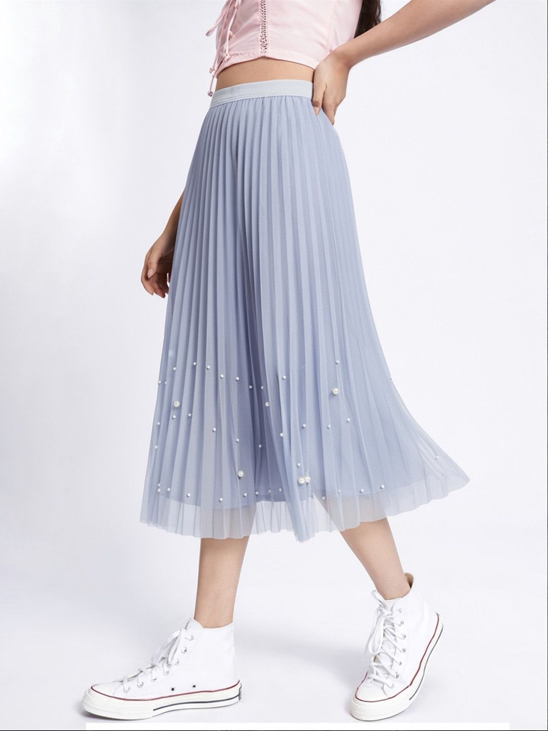 StyleCast Blue Pleated Embellished Flared Midi Skirt