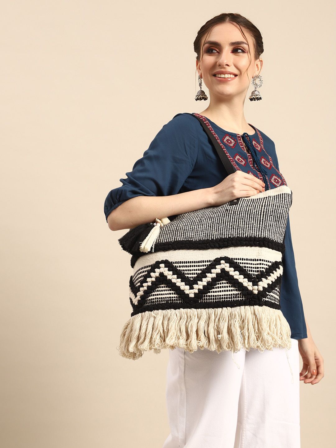 Buy Sangria X Fwd Geometric Self Design Cotton Oversized Shopper Tote Bag -  - Accessories for Women