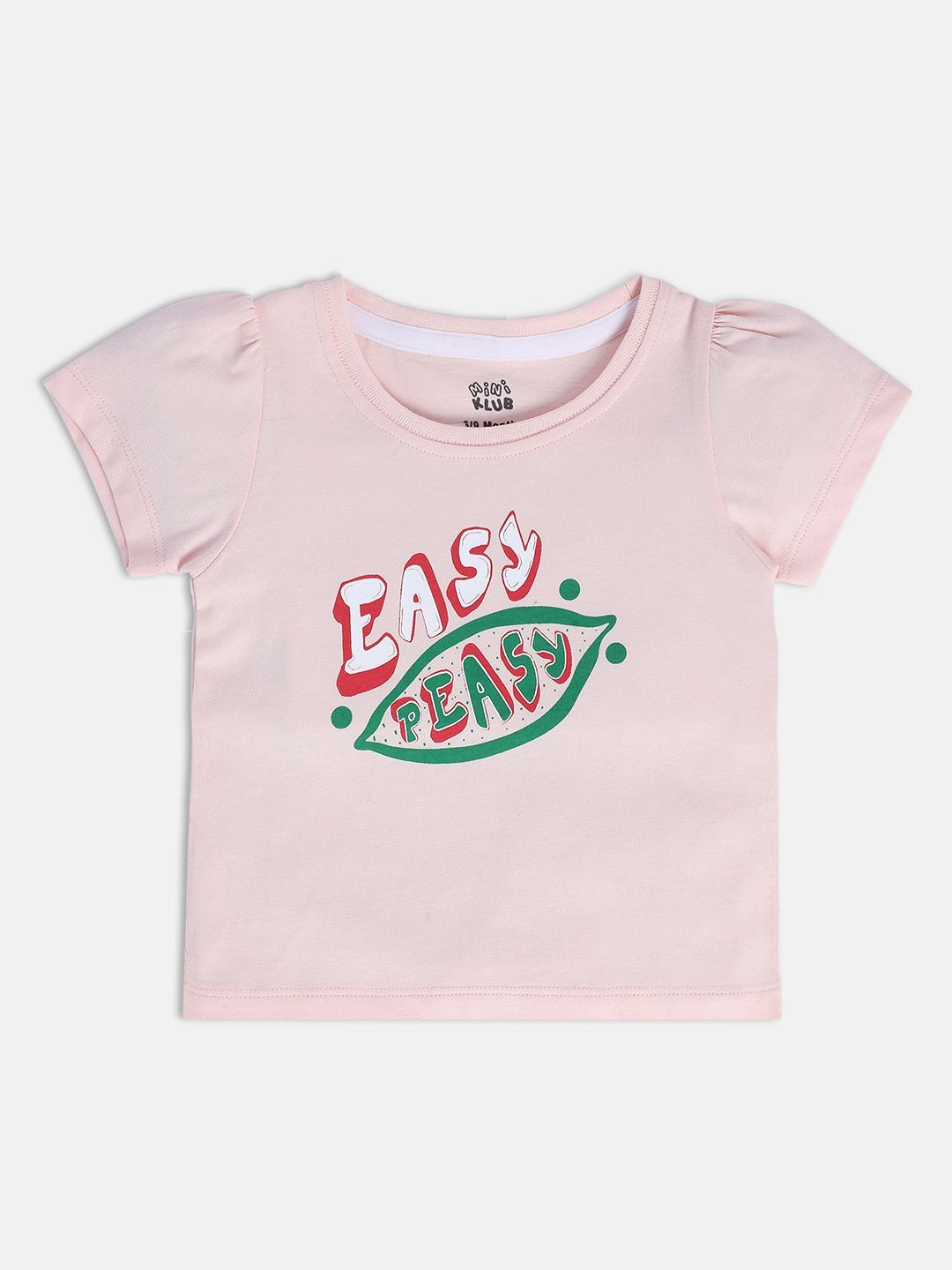 MINI KLUB Girls Typography Printed Round Neck Puff Sleeves Cotton Top