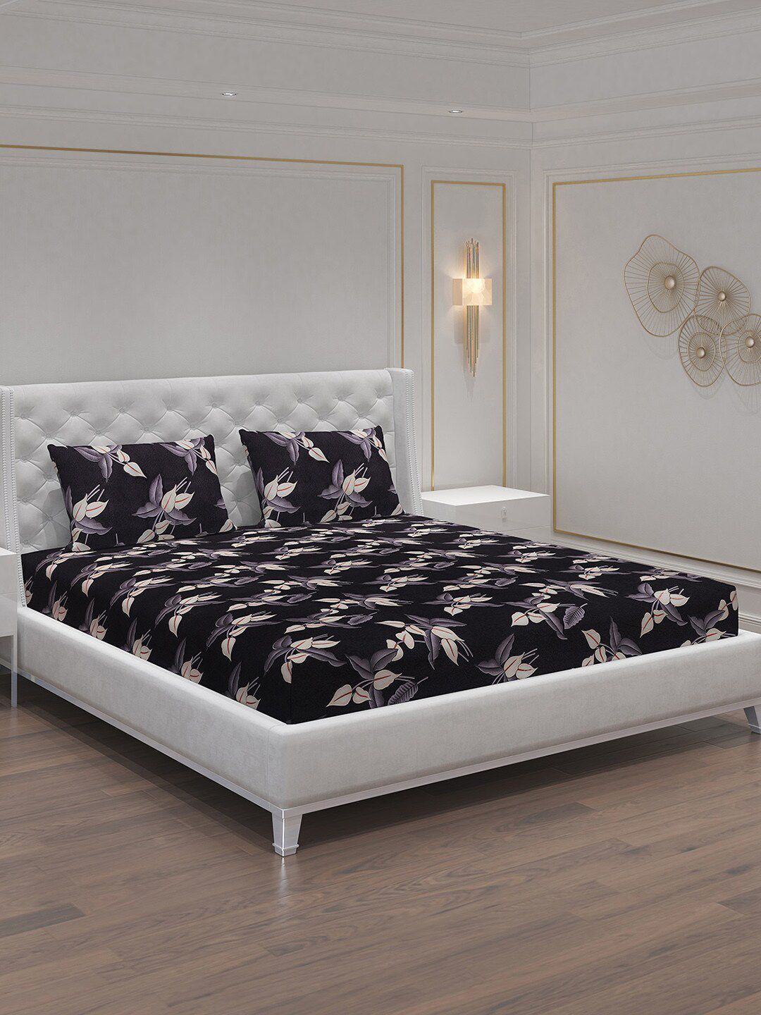 Moca By Monte Carlo Dazzle Grey Floral Microfiber 120 TC Queen Bedsheet with 2 Pillow Covers-94 x 87 inches