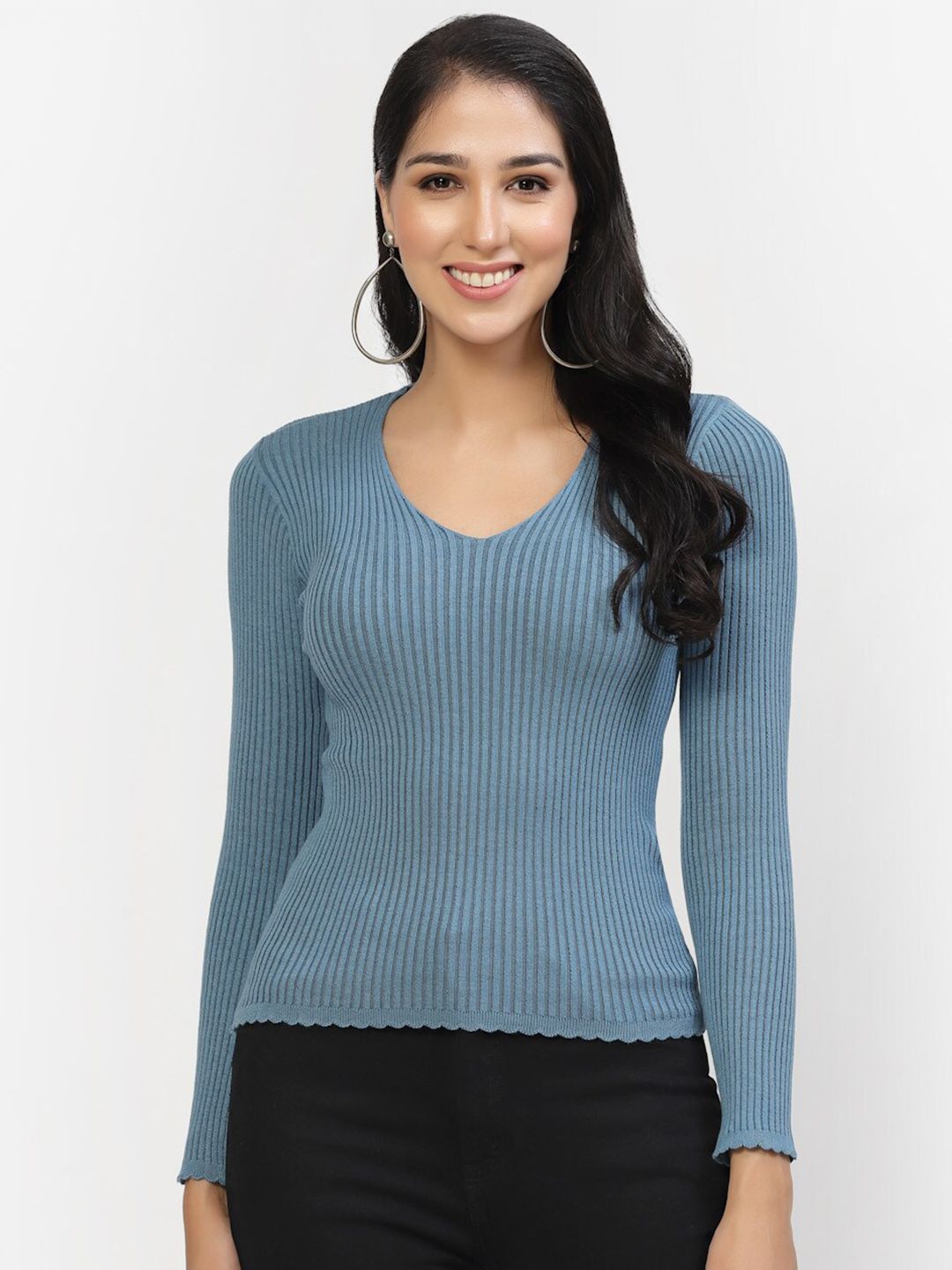 Kalt Ribbed V-Neck Cotton Fitted Top