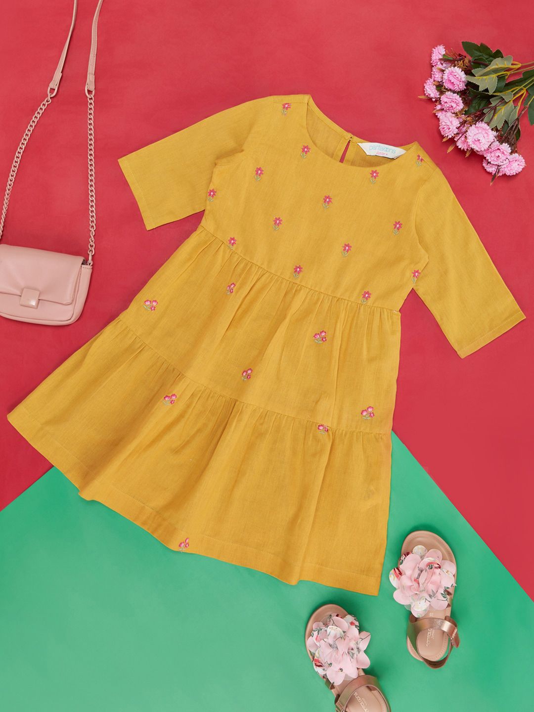 AKKRITI BY PANTALOONS Girls Floral Embroidered Cotton Maxi Dress