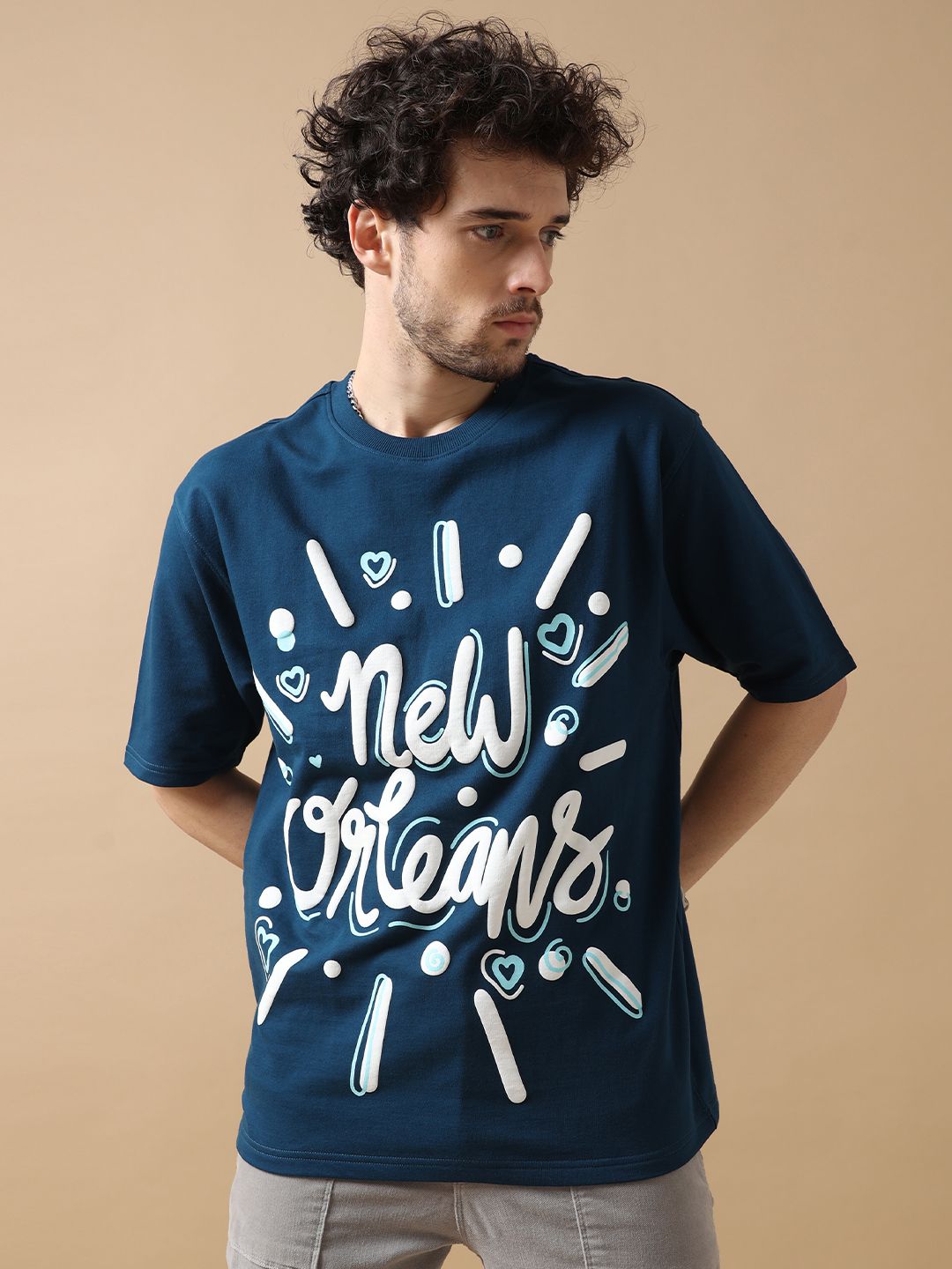 VUDU Typography Printed Oversized Cotton T-shirt