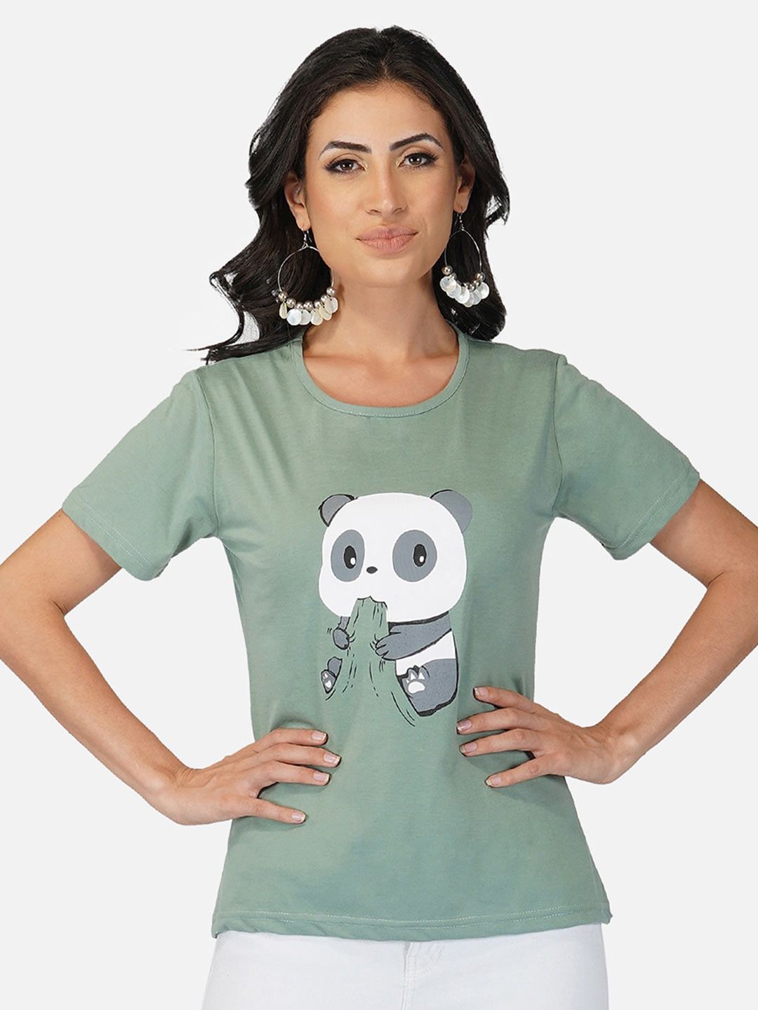 Green & White Graphic Printed Round Neck Regular Fit T-shirt