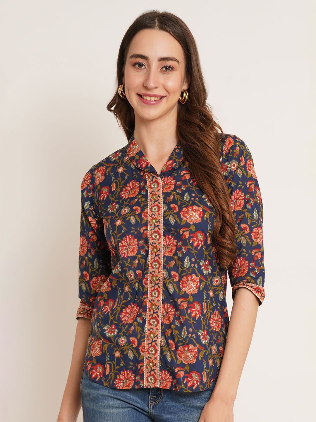 COTLAND FASHION Floral Print Shirt Collar Cotton Shirt Style Top