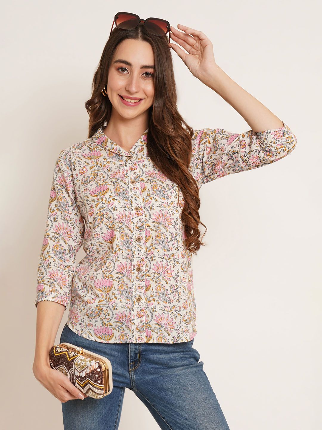 COTLAND FASHION Floral Printed Pure Cotton Shirt Style Top