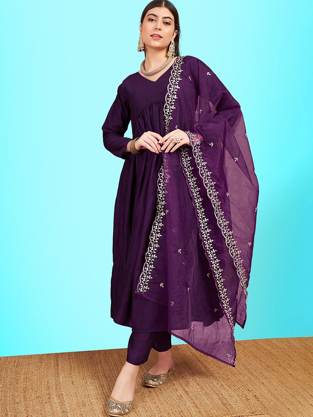 Kvsfab V-Neck Pleated Sequinned A-Line Kurta with Trousers & Dupatta