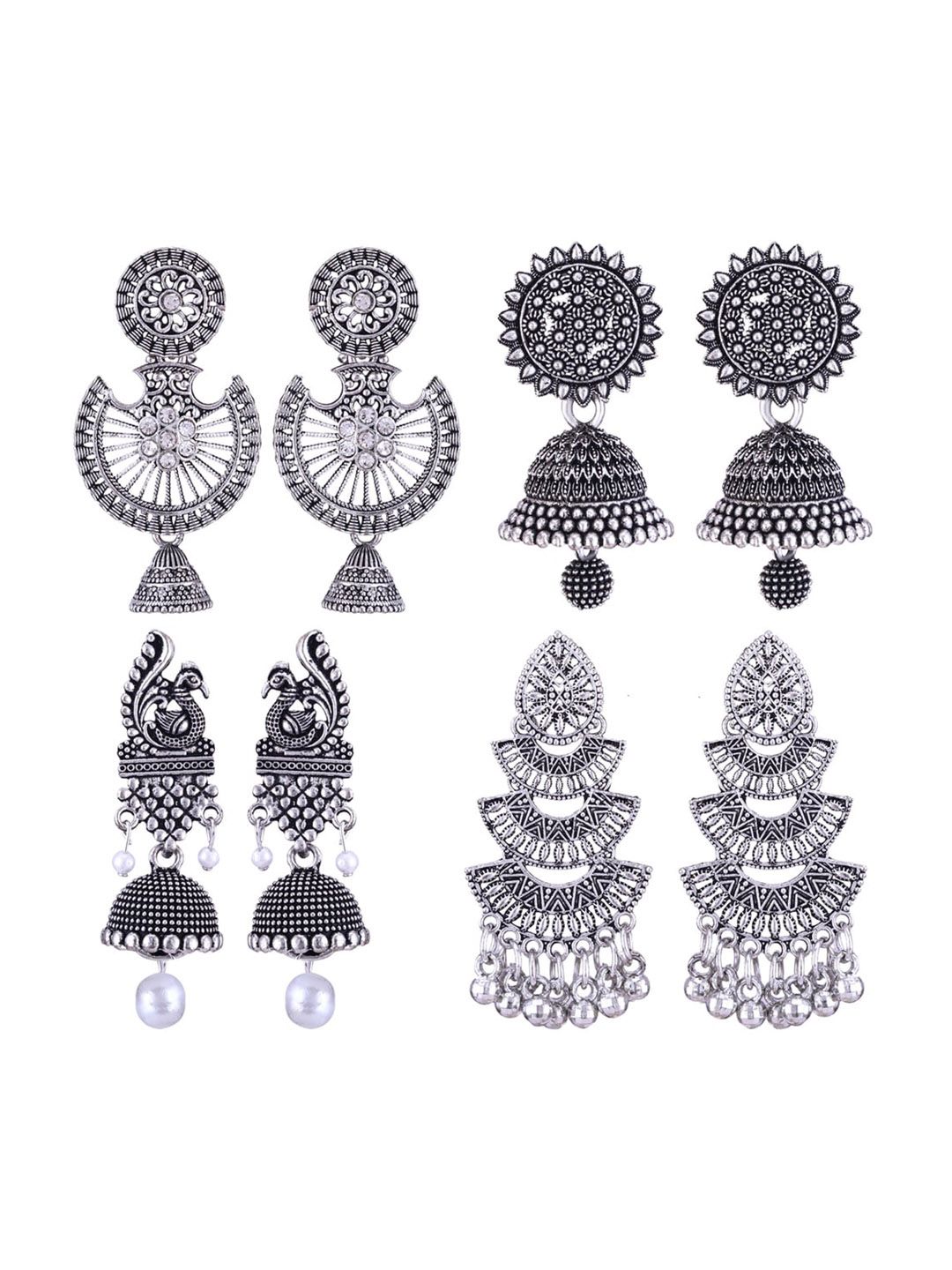 MEENAZ Set Of 4 Silver-Plated Stainless Steel Stones Studded & Beads Beaded Jhumkas