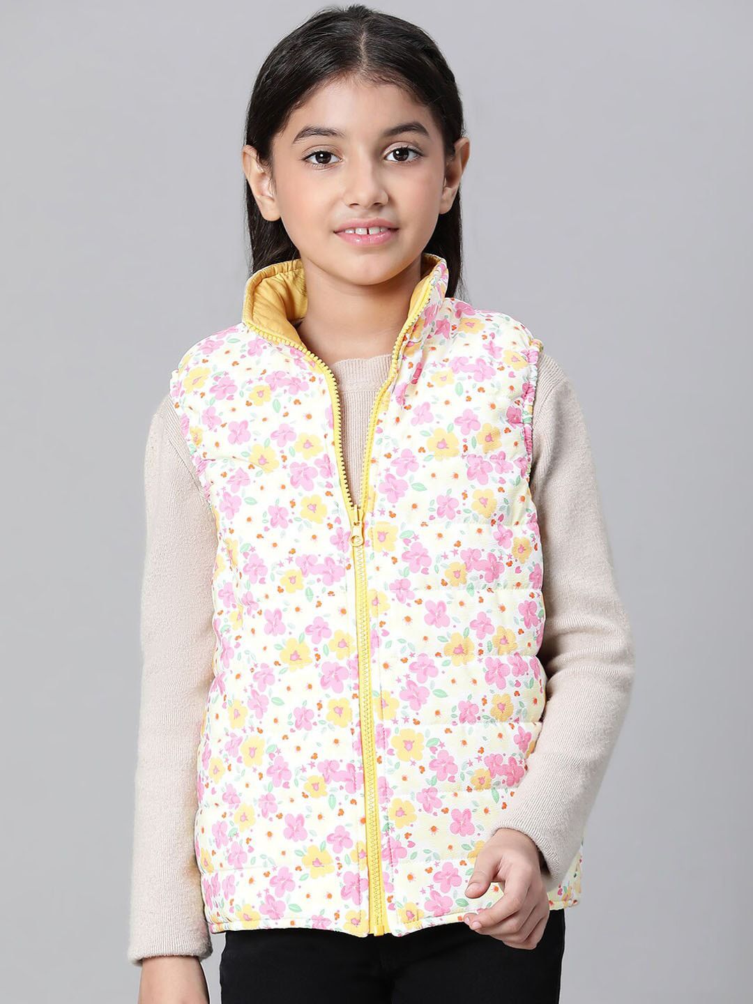 Oxolloxo Girls Floral Printed Reversible Mock Collar Padded Jacket
