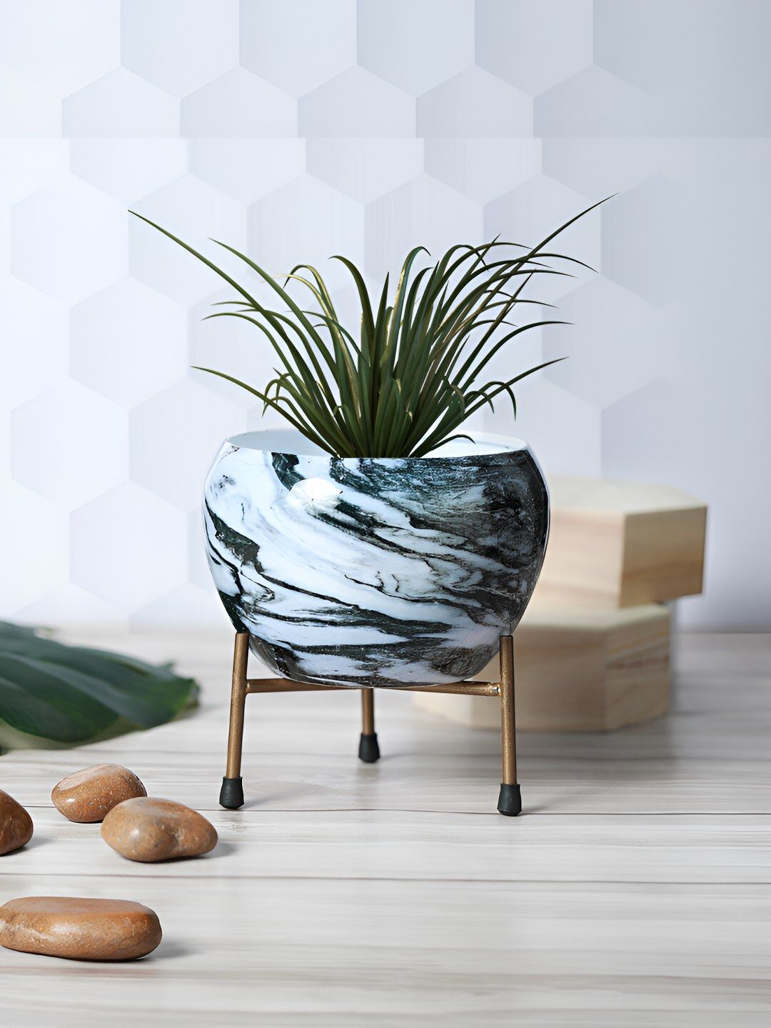 Homspurts Brown Marble Printed Metal Planter with Stand