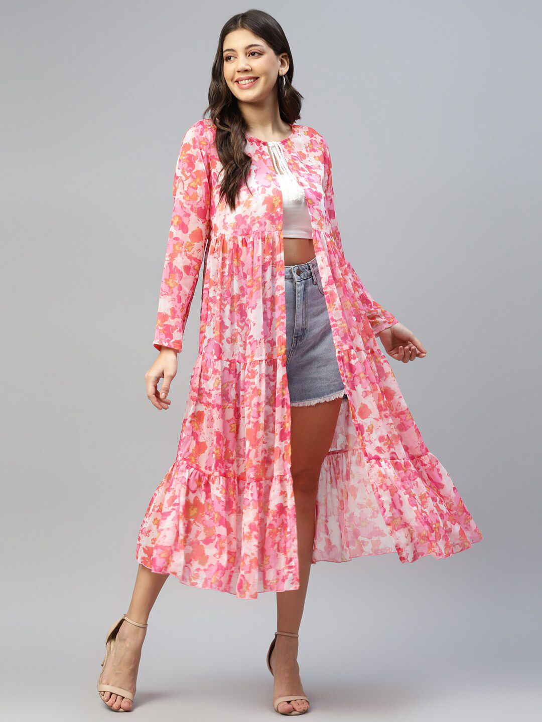 DEEBACO Women Floral Print Tie-Up Neck Chiffon Shrug