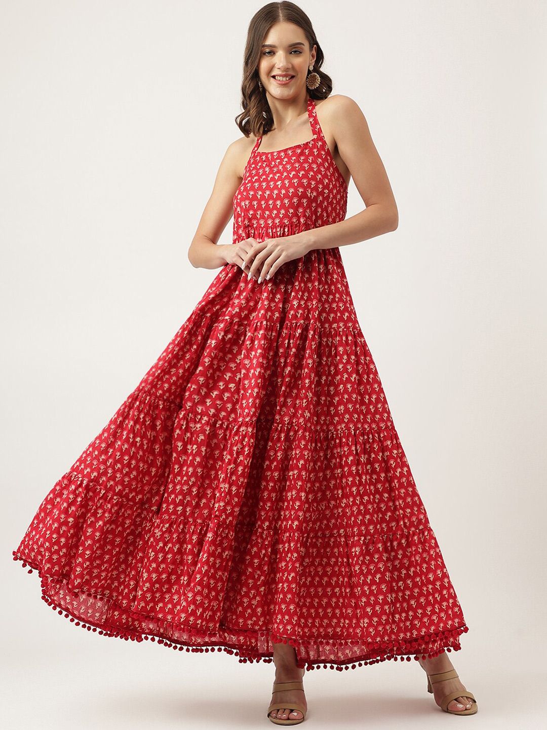 Buy KALINI Floral Printed Halter Neck Tiered Cotton Fit & Flare Maxi Ethnic Dress -  - Apparel for Women