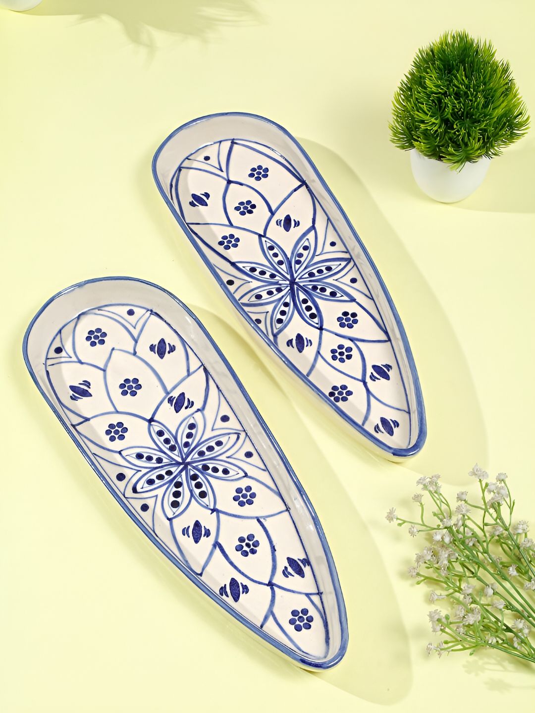 Shilpkara Blue & White 2 Pieces Ceramic Microwave Safe Food Platter Serveware