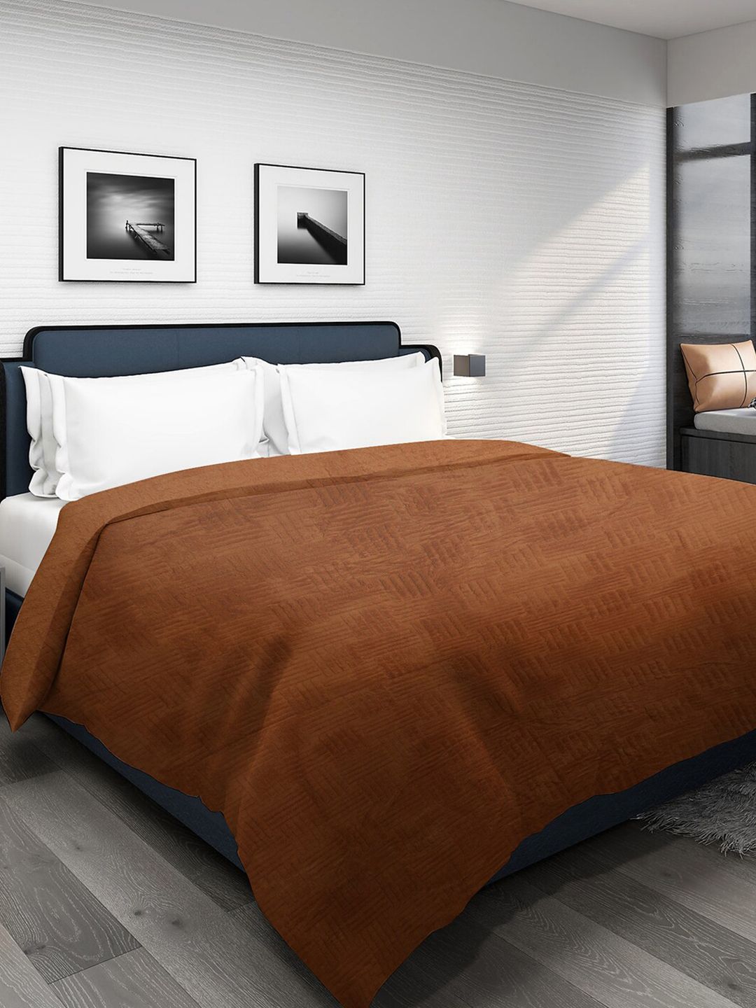 Dhrohar Brown Fur Striped  Mild Winter 300 GSM Double Bed Blanket