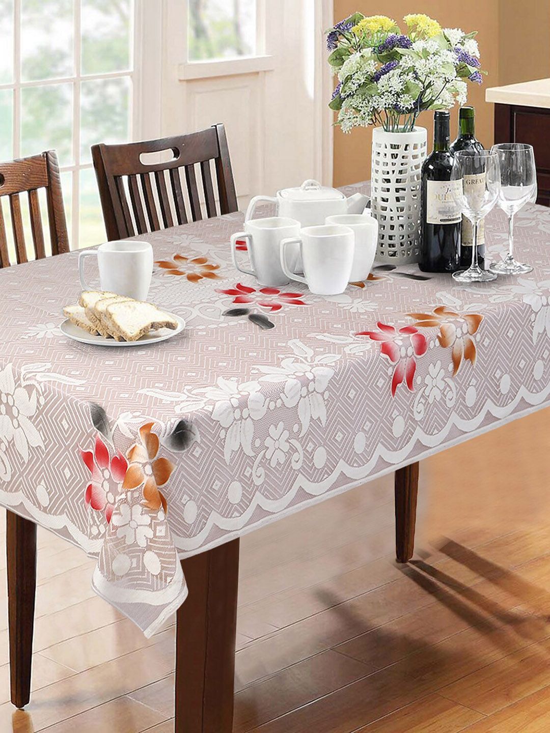 Dakshya Industries White & Brown Floral Pure Cotton Table Cover