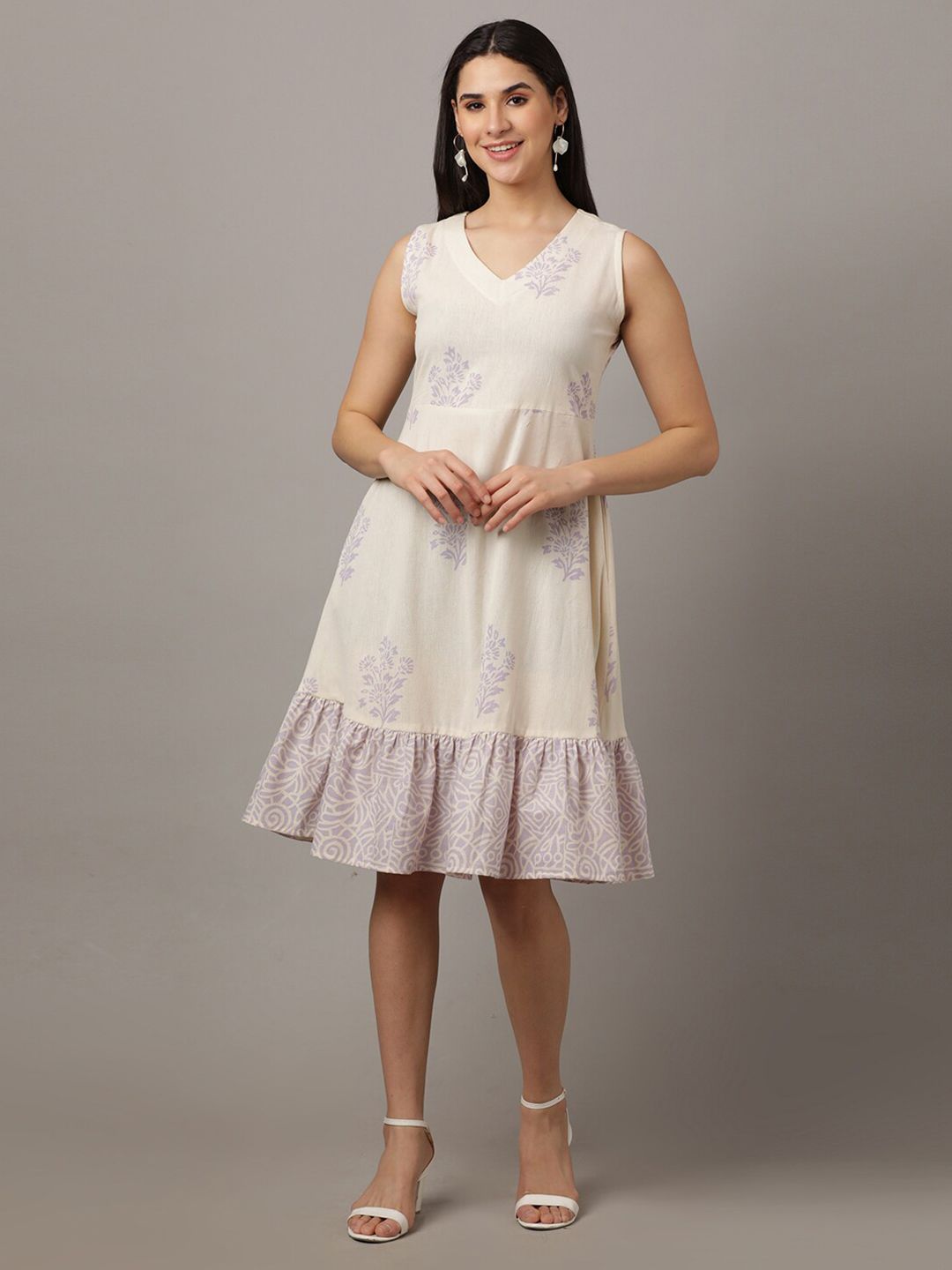 The Mom Store Cream Floral Printed Cotton Fit & Flare Midi Dress