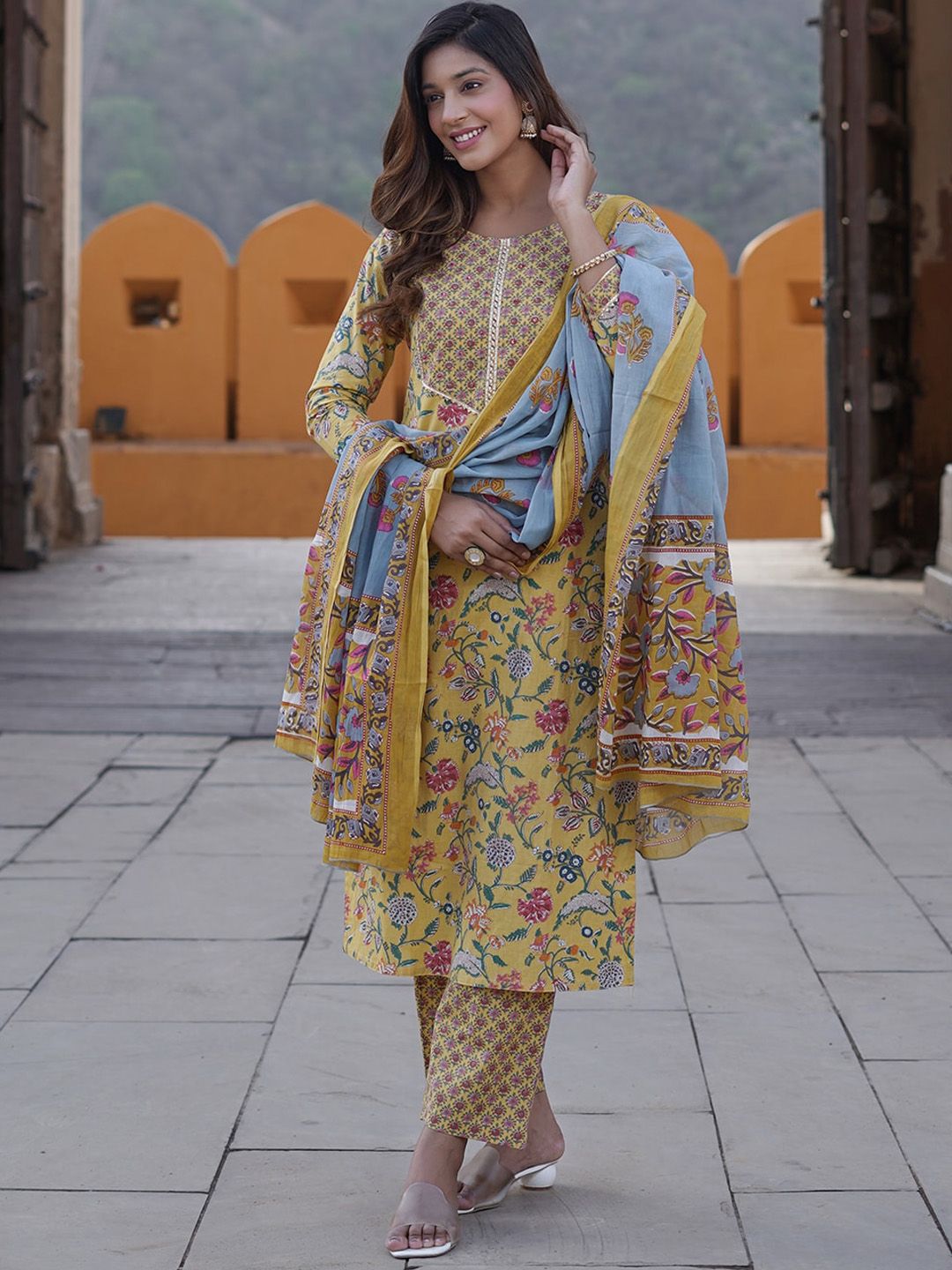KALINI Floral Printed Gotta Patti Detail Pure Cotton Straight Kurta & Trouser With Dupatta