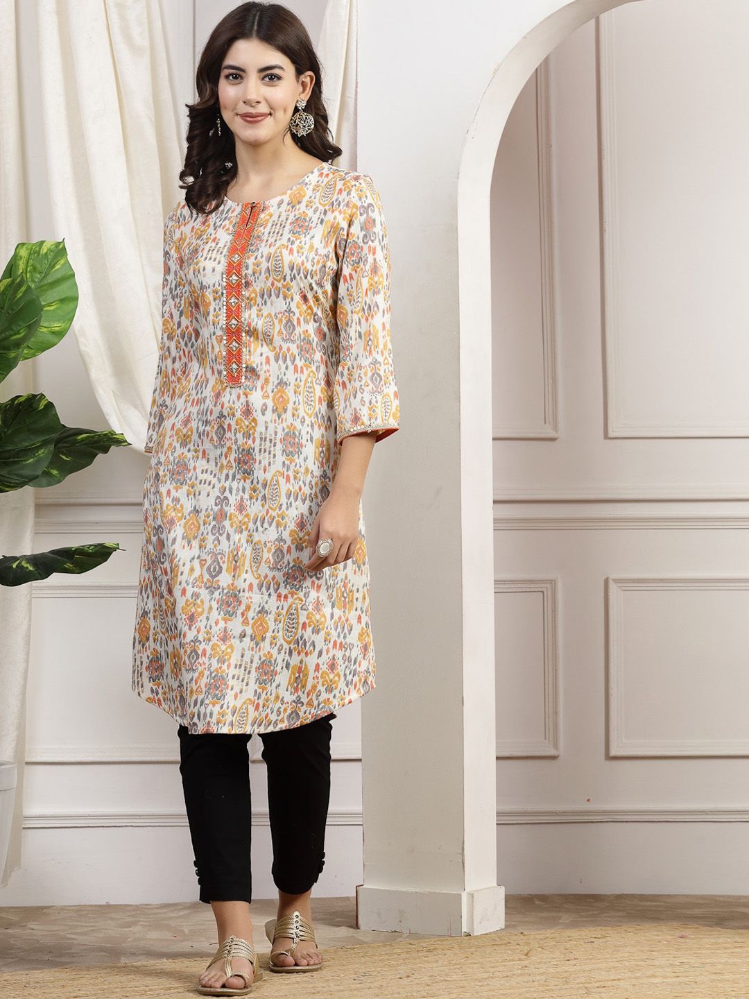 Nayam By Lakshita Paisley Printed Keyhole Neck Mirror Work Straight Kurta